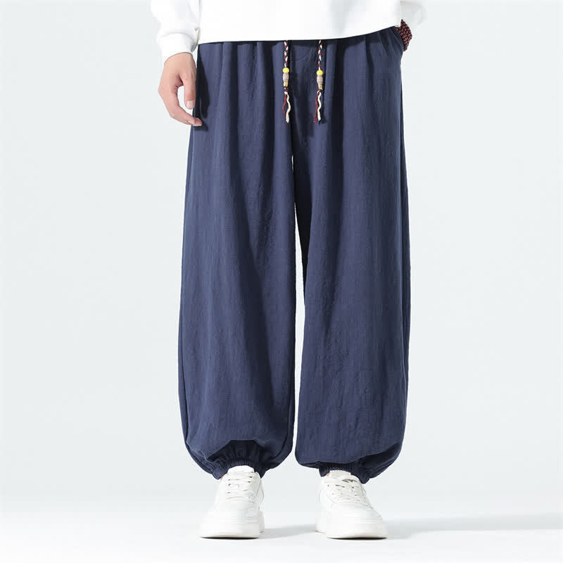 Buddha Stones Pantaloni alla caviglia da uomo in cotone tinta unita, casual, minimalisti, con coulisse, per primavera/estate. Pantaloni affusolati con tasche. - Marina - US/UK/AU46, EU56 (5XL) - image 0