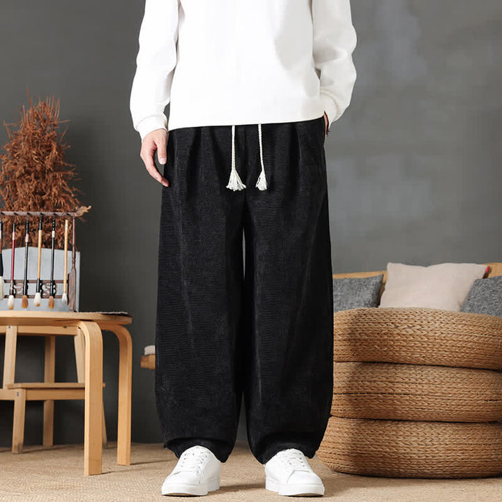 Buddha Stones Pantaloni casual autunno/inverno vintage con coulisse, tinta unita, in velluto a coste, da uomo, gamba dritta con tasche. - Nero - US/UK/AU46, EU56 (5XL) - image 15