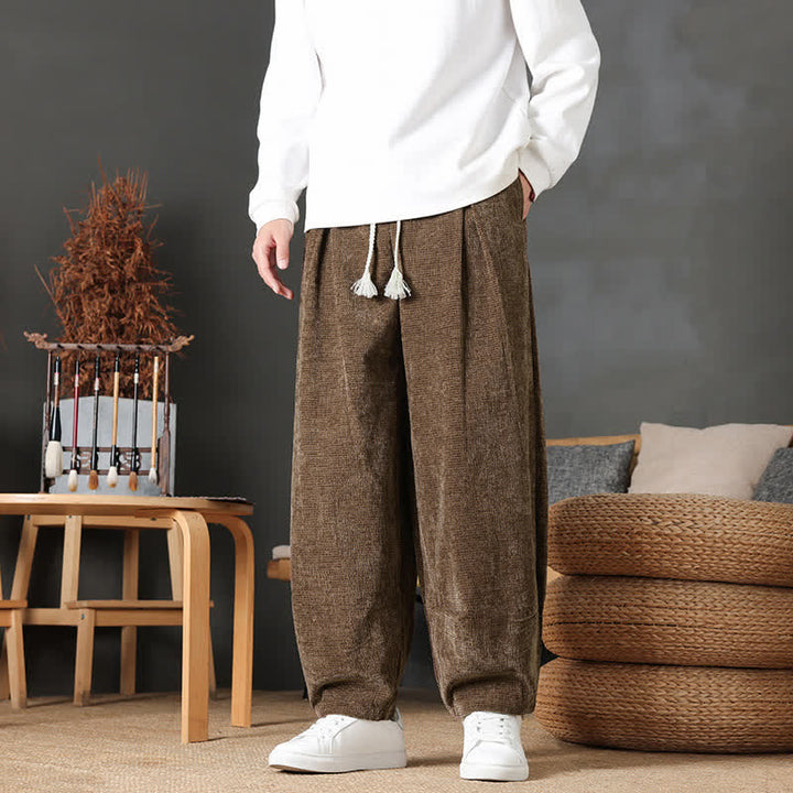Buddha Stones Pantaloni casual autunno/inverno vintage con coulisse, tinta unita, in velluto a coste, da uomo, gamba dritta con tasche. - Marrone sella - US/UK/AU46, EU56 (5XL) - image 22