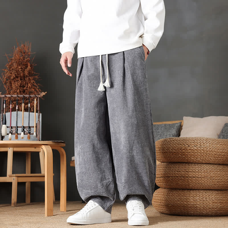 Buddha Stones Pantaloni casual autunno/inverno vintage con coulisse, tinta unita, in velluto a coste, da uomo, gamba dritta con tasche. - Grigio - US/UK/AU46, EU56 (5XL) - image 0