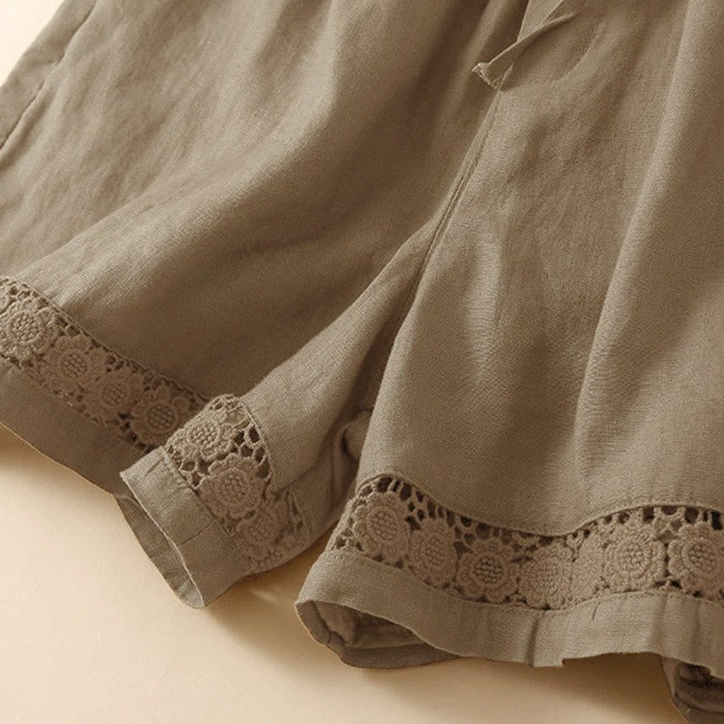 Pantaloncini da donna in cotone con lacci e tasche, modello Buddha Stones, tinta unita, con fondo in pizzo cavo - image 13