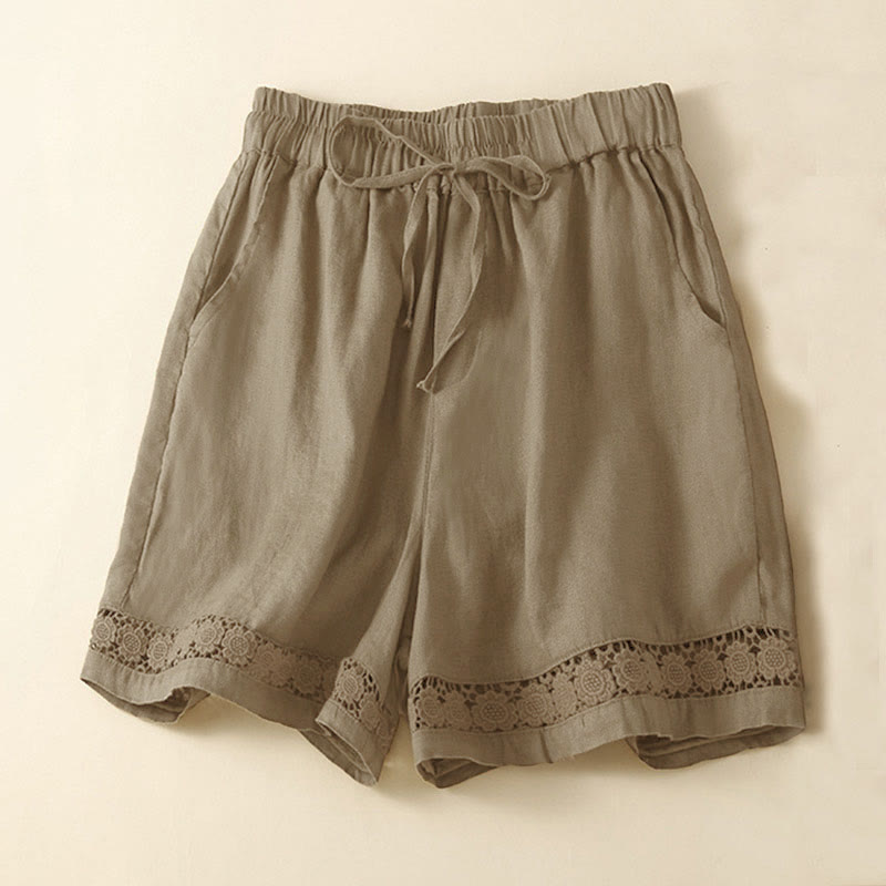 Pantaloncini da donna in cotone con lacci e tasche, modello Buddha Stones, tinta unita, con fondo in pizzo cavo - Oliva - US12, UK/AU16, EU44 (3XL) - image 9
