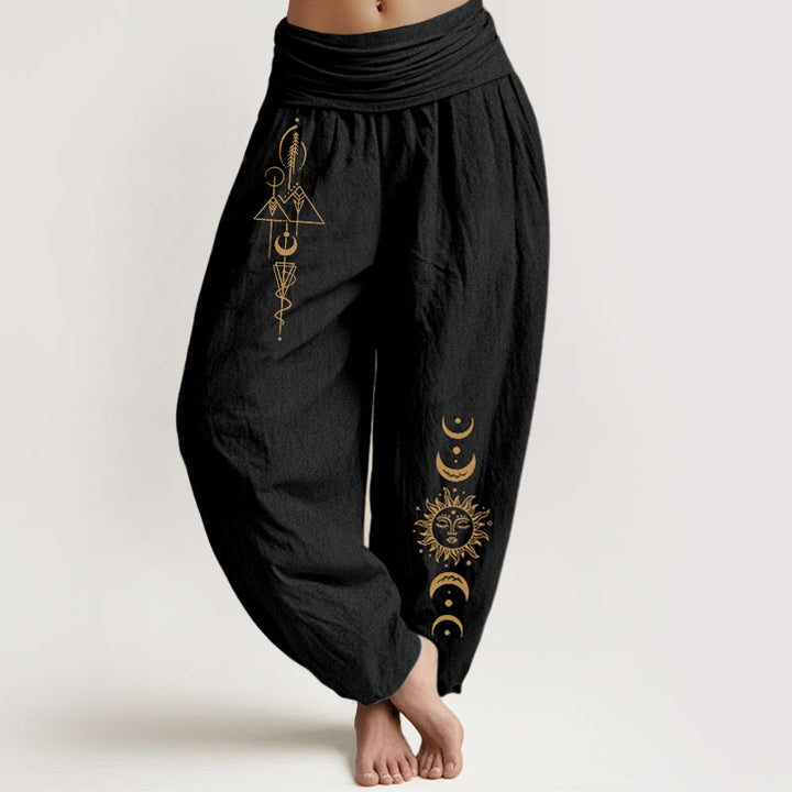 Buddha Stones Pantaloni harem da donna in puro cotone con elastico in vita e motivo geometrico con sole e luna - Nero - US16, UK/AU20, EU48 (3XL) - image 0