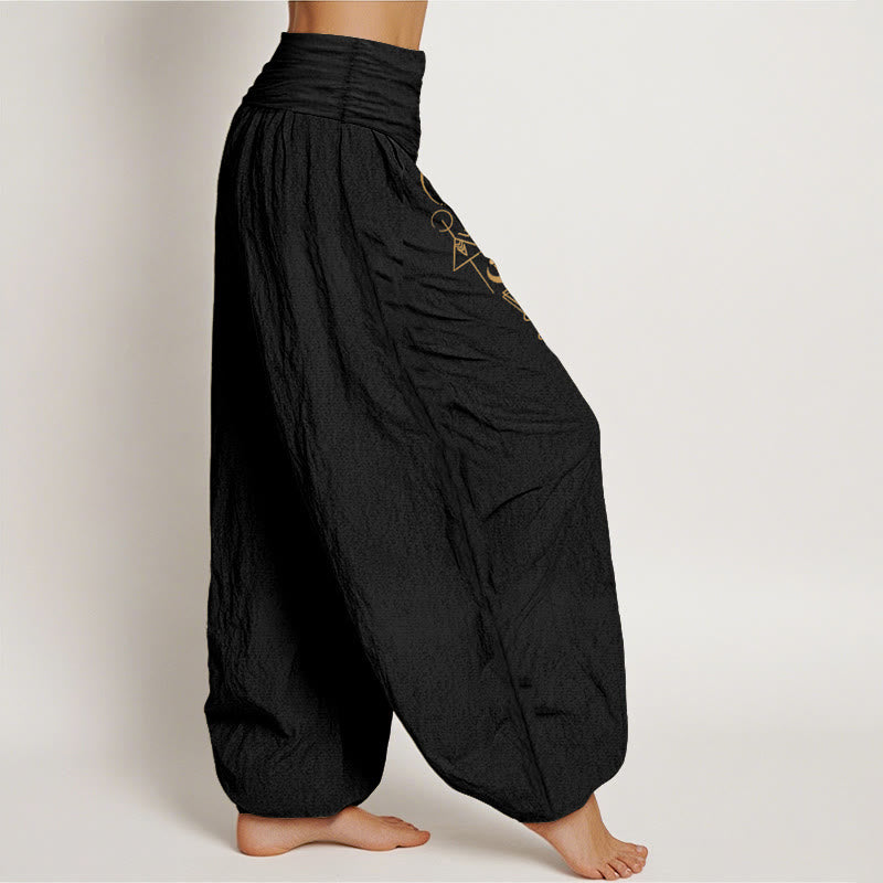 Buddha Stones Pantaloni harem da donna in puro cotone con elastico in vita e motivo geometrico con sole e luna - image 2