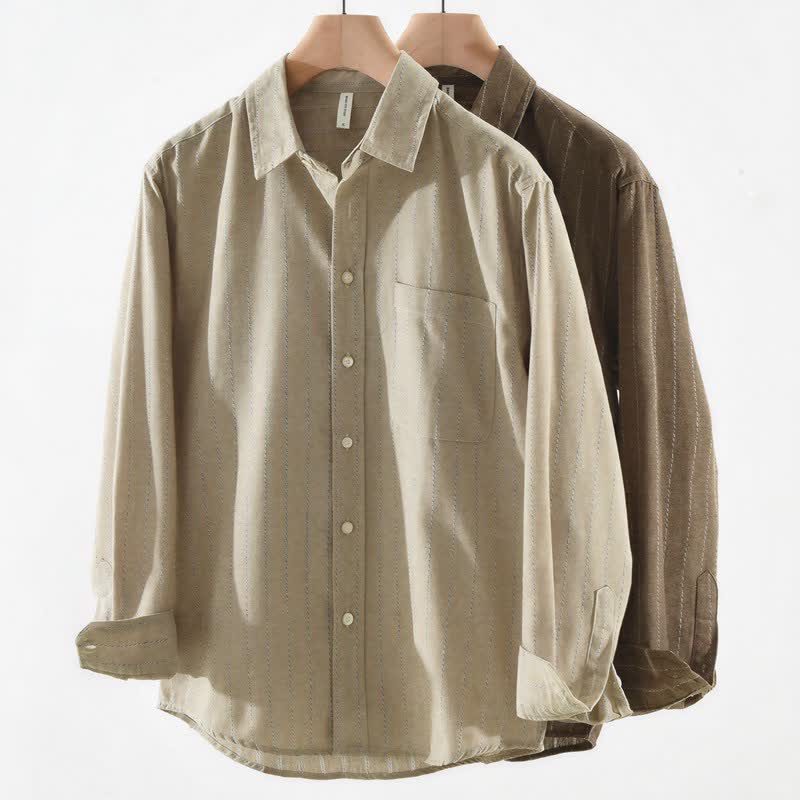 Buddha Stones Camicia da uomo a maniche lunghe in cotone a righe, stile vintage, con bottoni, ideale per l'autunno, con taschino. - image 10
