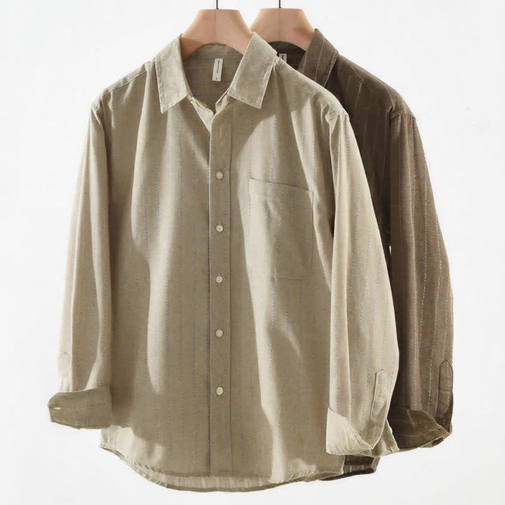 Buddha Stones Camicia da uomo a maniche lunghe in cotone a righe, stile vintage, con bottoni, ideale per l'autunno, con taschino. - image 10