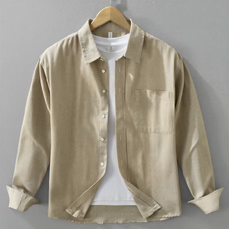 Buddha Stones Camicia da uomo a maniche lunghe in cotone a righe, stile vintage, con bottoni, ideale per l'autunno, con taschino. - Beige - US/UK/AU42, EU52 (3XL) - image 9