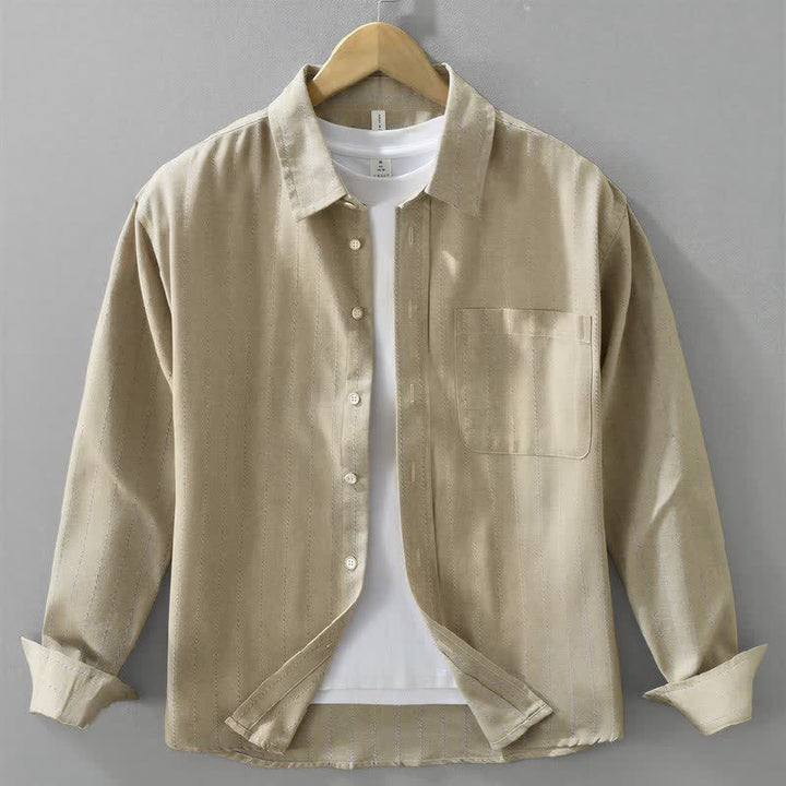 Buddha Stones Camicia da uomo a maniche lunghe in cotone a righe, stile vintage, con bottoni, ideale per l'autunno, con taschino. - Beige - US/UK/AU42, EU52 (3XL) - image 9