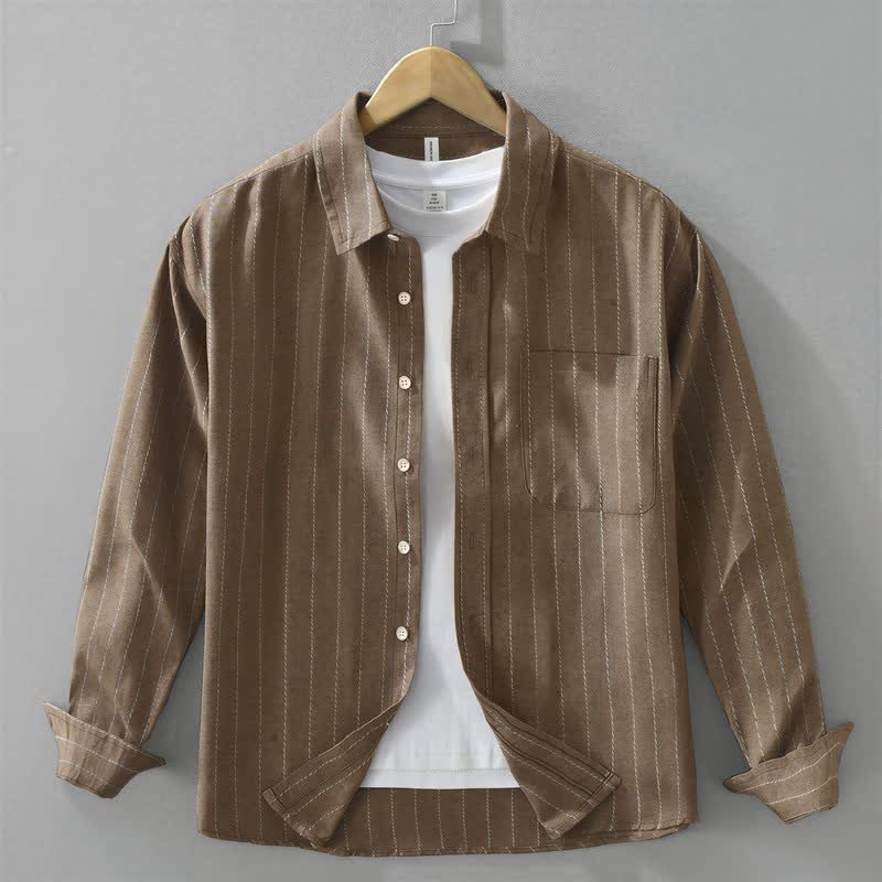 Buddha Stones Camicia da uomo a maniche lunghe in cotone a righe, stile vintage, con bottoni, ideale per l'autunno, con taschino. - Marrone sella - US/UK/AU42, EU52 (3XL) - image 0