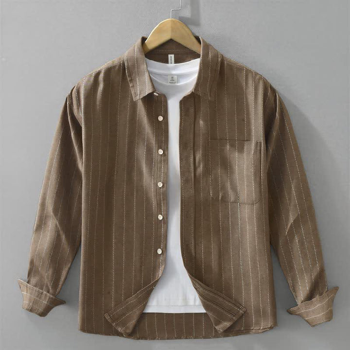 Buddha Stones Camicia da uomo a maniche lunghe in cotone a righe, stile vintage, con bottoni, ideale per l'autunno, con taschino. - Marrone sella - US/UK/AU42, EU52 (3XL) - image 0