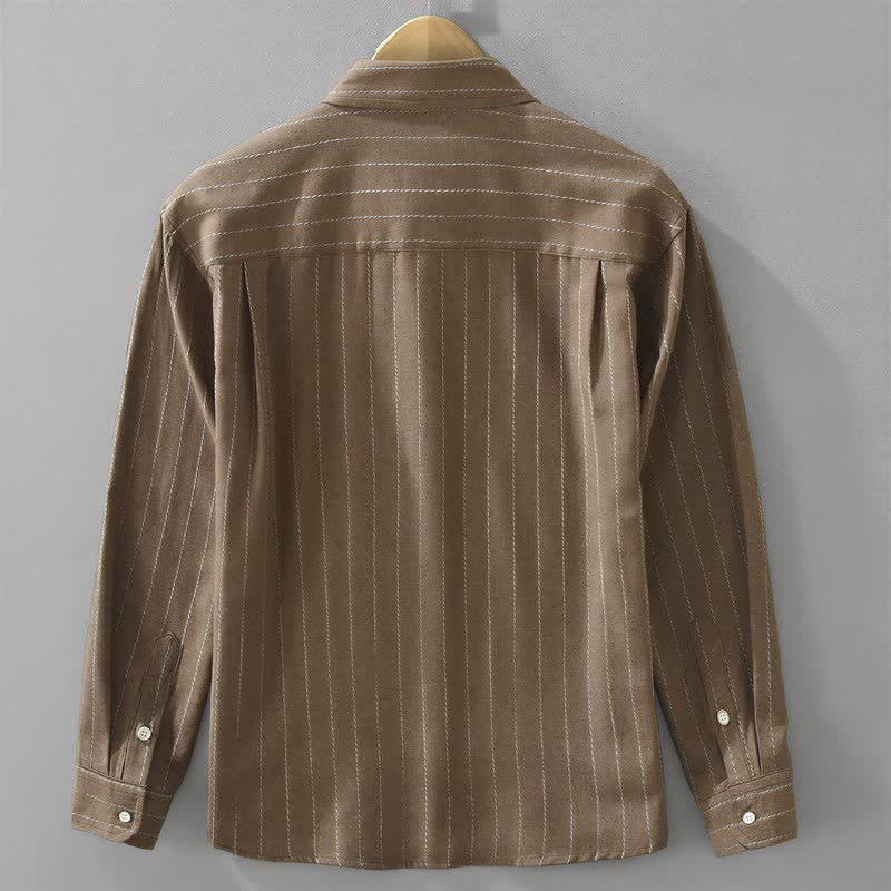 Buddha Stones Camicia da uomo a maniche lunghe in cotone a righe, stile vintage, con bottoni, ideale per l'autunno, con taschino. - image 1