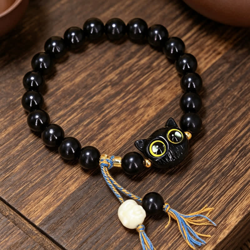 Buddha Stones Bracciale rotondo intrecciato con ciondolo a forma di gatto in legno d'ebano. - Legno d'ebano (Equilibrio ♥ Calma) - image 0