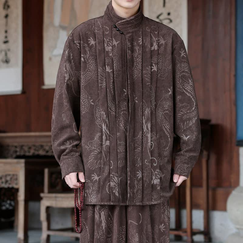 Buddha Stones Giacca da uomo in velluto a coste con colletto alla coreana, stile Tang, casual autunno/inverno, con motivo astratto. - Marrone sella - US/UK/AU46, EU56 (5XL) - image 0