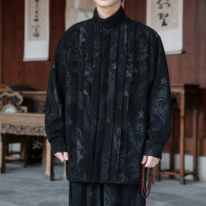 Buddha Stones Giacca da uomo in velluto a coste con colletto alla coreana, stile Tang, casual autunno/inverno, con motivo astratto. - Nero - US/UK/AU46, EU56 (5XL) - image 8