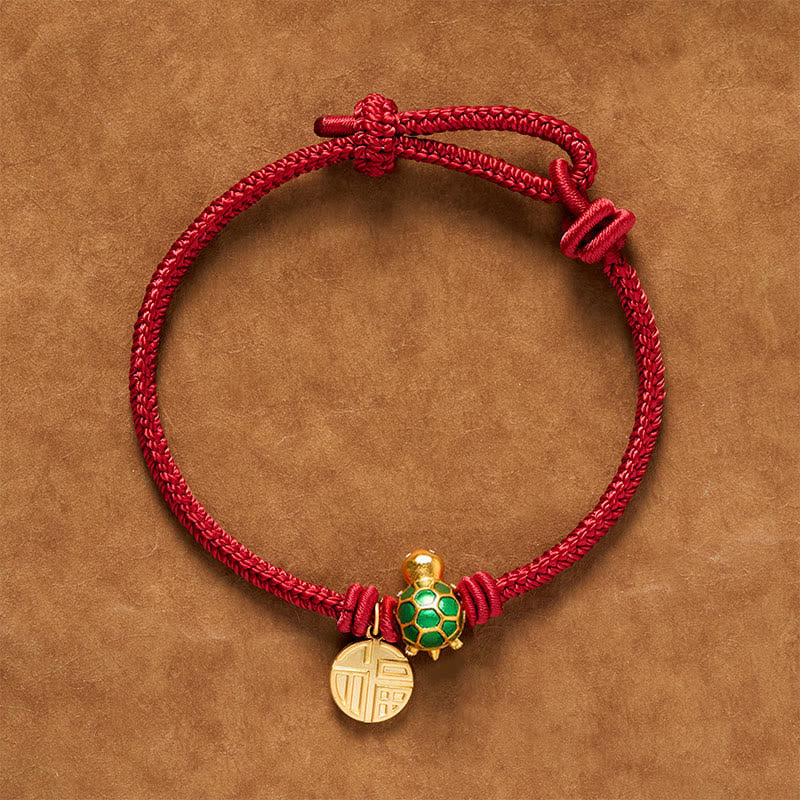 Buddha Stones Braccialetto portafortuna con tartaruga e cordino rosso, personaggio Fu. - Rosso scuro - 6,7–7,5 pollici/17–19 cm - Personaggio Fu rotondo - image 2
