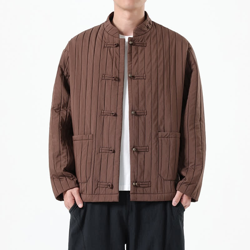 Buddha Stones Giacca da uomo casual autunno/inverno stile Tang con bottoni a rana e tasca - Marrone sella - US/UK/AU46, EU56 (5XL) - image 0