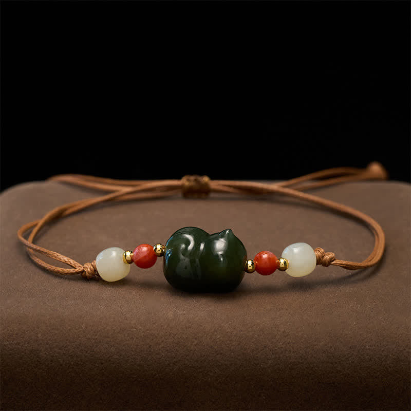 Buddha Stones Braccialetto portafortuna intrecciato a mano con gatto in giada Hetian naturale. - image 2