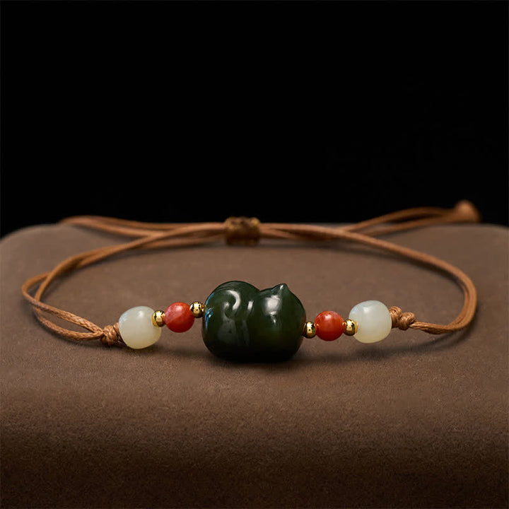 Buddha Stones Braccialetto portafortuna intrecciato a mano con gatto in giada Hetian naturale. - image 2
