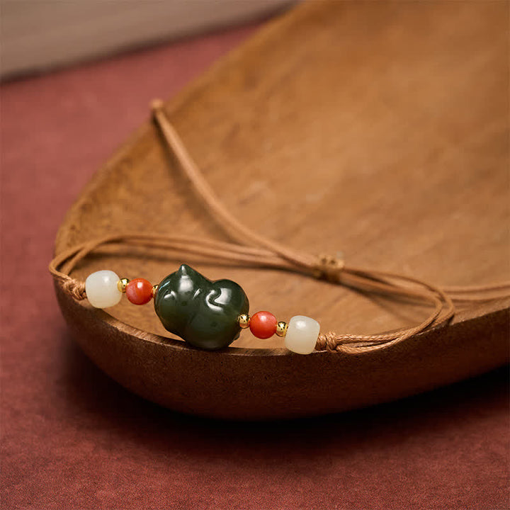 Buddha Stones Braccialetto portafortuna intrecciato a mano con gatto in giada Hetian naturale. - image 3