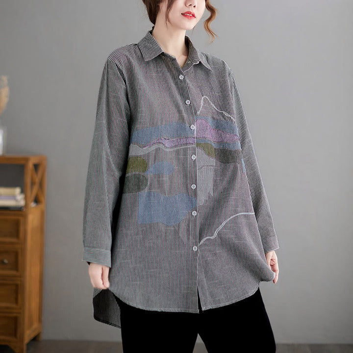 Buddha Stones Camicie da donna a maniche lunghe, stile vintage, con bottoni e stampa astratta di nuvole, perfette per primavera e autunno. - Grigio chiaro - US14, UK/AU18, EU46 (4XL) - image 6