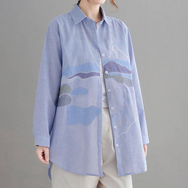 Buddha Stones Camicie da donna a maniche lunghe, stile vintage, con bottoni e stampa astratta di nuvole, perfette per primavera e autunno. - image 3