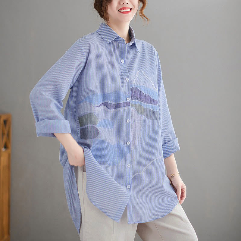 Buddha Stones Camicie da donna a maniche lunghe, stile vintage, con bottoni e stampa astratta di nuvole, perfette per primavera e autunno. - Azzurro chiaro - US14, UK/AU18, EU46 (4XL) - image 0