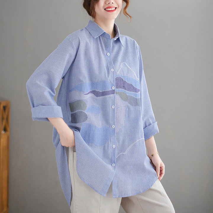 Buddha Stones Camicie da donna a maniche lunghe, stile vintage, con bottoni e stampa astratta di nuvole, perfette per primavera e autunno. - Azzurro chiaro - US14, UK/AU18, EU46 (4XL) - image 0