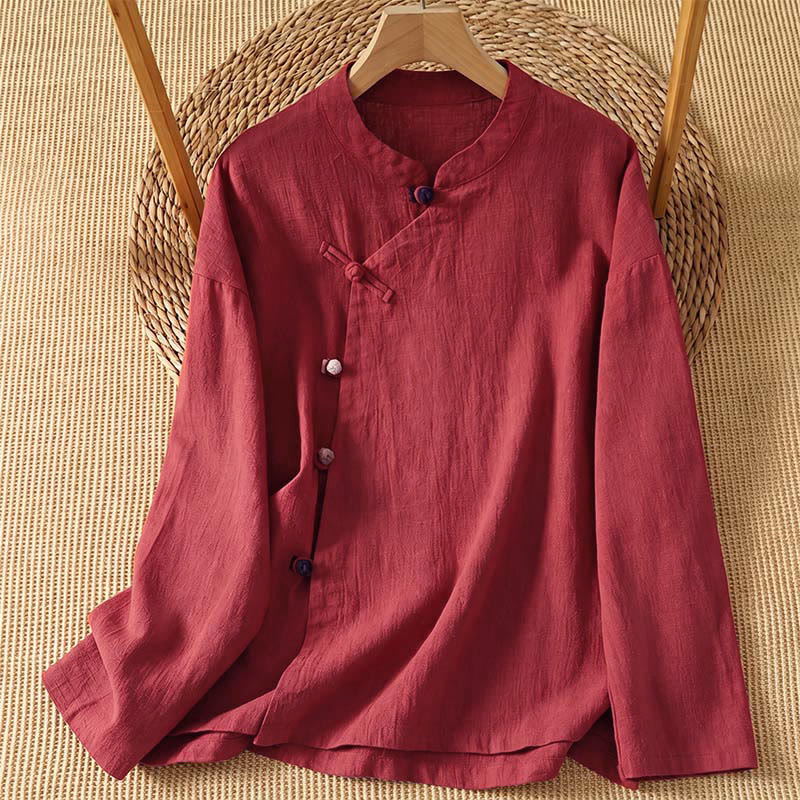 Buddha Stones Camicie da donna a maniche lunghe, tinta unita, stile vintage Tang, con bottoni a rana, per primavera/autunno. - FireBrick - US8-10, UK/AU12-14, EU40-42 (2XL) - image 15
