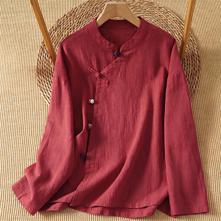 Buddha Stones Camicie da donna a maniche lunghe, tinta unita, stile vintage Tang, con bottoni a rana, per primavera/autunno. - FireBrick - US8-10, UK/AU12-14, EU40-42 (2XL) - image 15