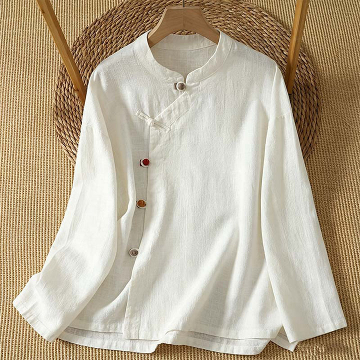 Buddha Stones Camicie da donna a maniche lunghe, tinta unita, stile vintage Tang, con bottoni a rana, per primavera/autunno. - Bianco - US8-10, UK/AU12-14, EU40-42 (2XL) - image 0