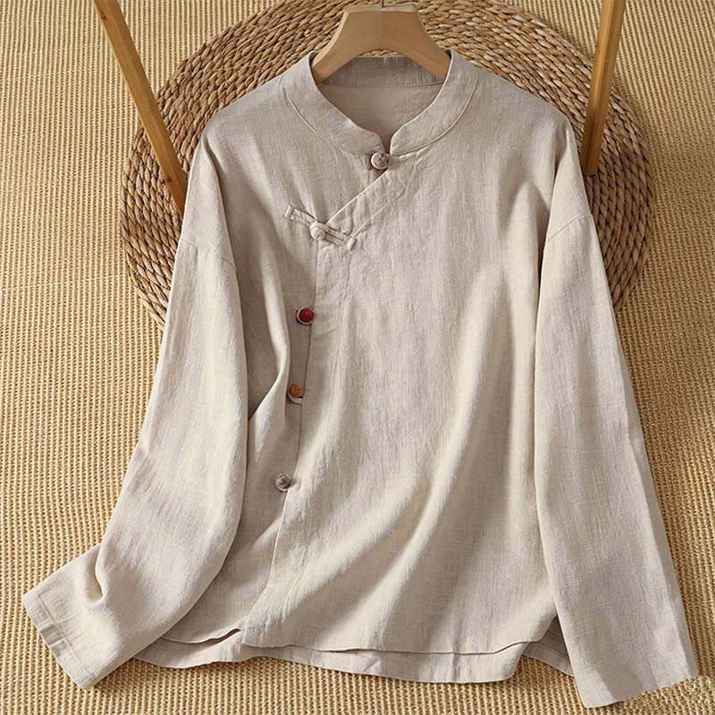 Buddha Stones Camicie da donna a maniche lunghe, tinta unita, stile vintage Tang, con bottoni a rana, per primavera/autunno. - Beige - US8-10, UK/AU12-14, EU40-42 (2XL) - image 9
