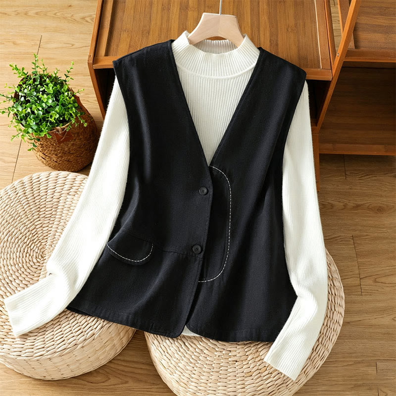 Buddha Stones Canotta da donna estiva casual e minimalista con scollo a V e bottoni, tinta unita, con tasca. - Nero - US12, UK/AU16, EU44 (2XL) - image 0