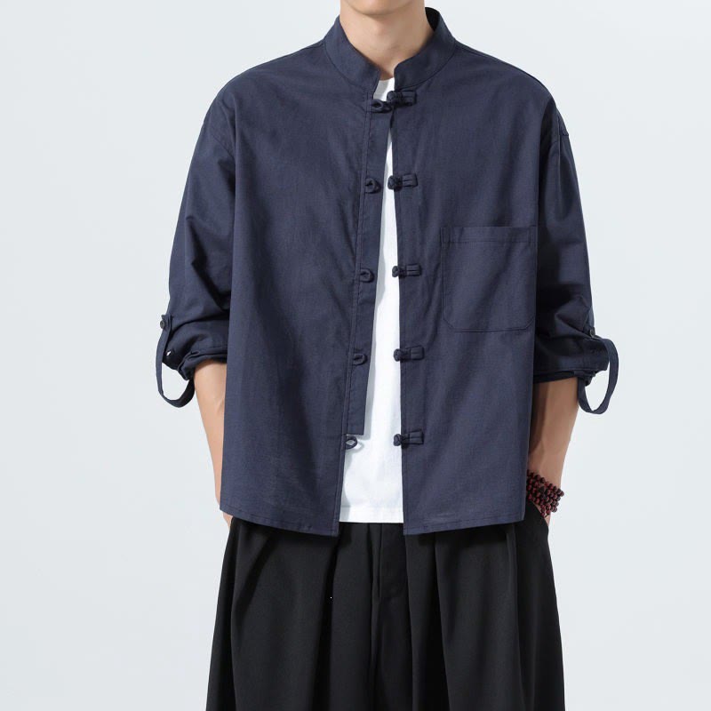Buddha Stones Camicia da uomo a maniche lunghe, tinta unita, stile Tang, minimalista, con bottoni a rana, colletto alla coreana, tinta unita, con taschino, ideale per primavera/autunno. - Marina - US/UK/AU46, EU56 (5XL) - image 0
