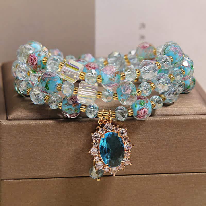 Buddha Stones Bracciale a triplo giro con ciondolo ovale floreale e perline di vetro Blue Liuli. - image 8