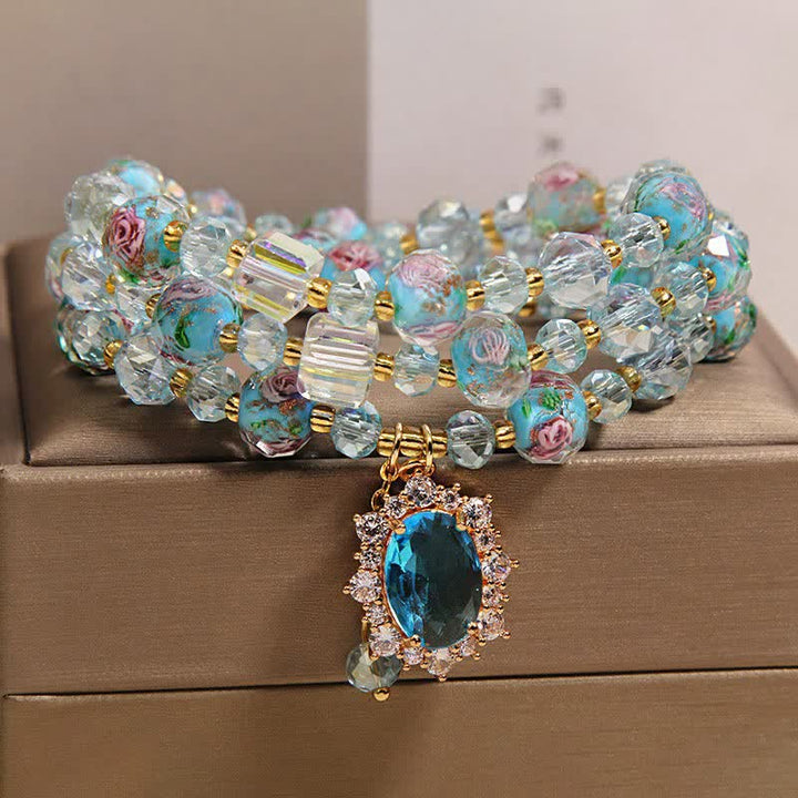 Buddha Stones Bracciale a triplo giro con ciondolo ovale floreale e perline di vetro Blue Liuli. - image 8