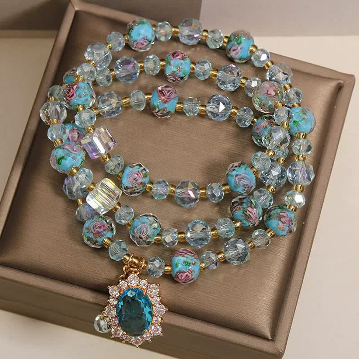 Buddha Stones Bracciale a triplo giro con ciondolo ovale floreale e perline di vetro Blue Liuli. - image 2