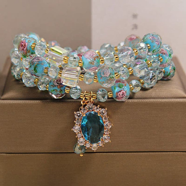Buddha Stones Bracciale a triplo giro con ciondolo ovale floreale e perline di vetro Blue Liuli. - image 7