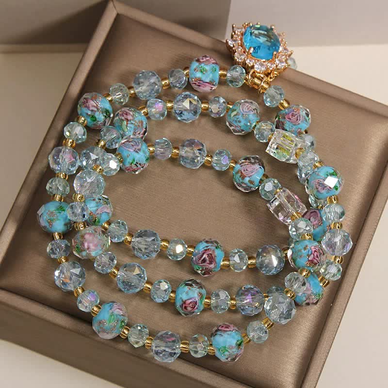 Buddha Stones Bracciale a triplo giro con ciondolo ovale floreale e perline di vetro Blue Liuli. - image 3