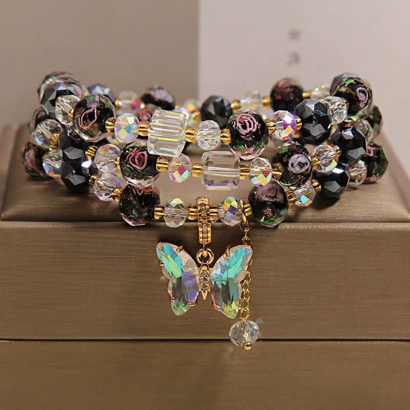 Buddha Stones Bracciale a triplo giro con perline di vetro Black Liuli, ciondolo a forma di rosa e farfalla. - image 7