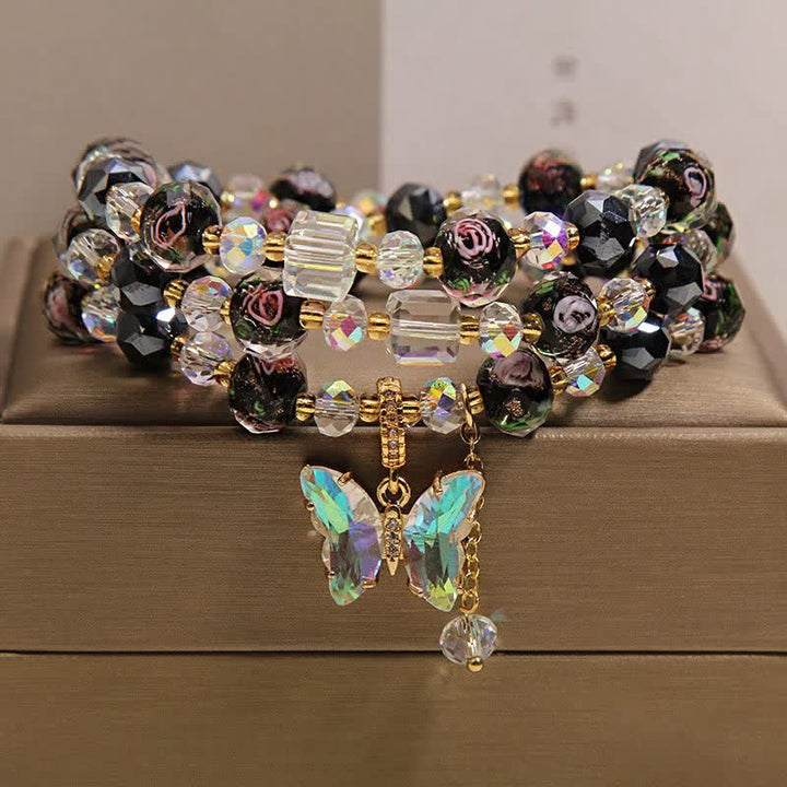 Buddha Stones Bracciale a triplo giro con perline di vetro Black Liuli, ciondolo a forma di rosa e farfalla. - image 7