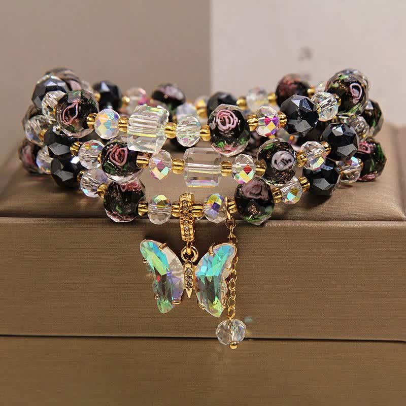 Buddha Stones Bracciale a triplo giro con perline di vetro Black Liuli, ciondolo a forma di rosa e farfalla. - image 8