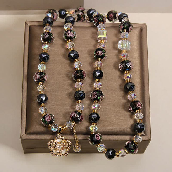 Buddha Stones Bracciale con ciondolo a forma di fiore di camelia e perline di vetro nere Liu Li, con connessione armonica. - image 4