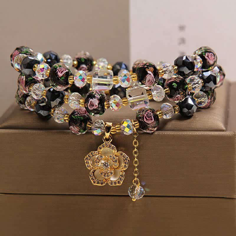 Buddha Stones Bracciale con ciondolo a forma di fiore di camelia e perline di vetro nere Liu Li, con connessione armonica. - image 7