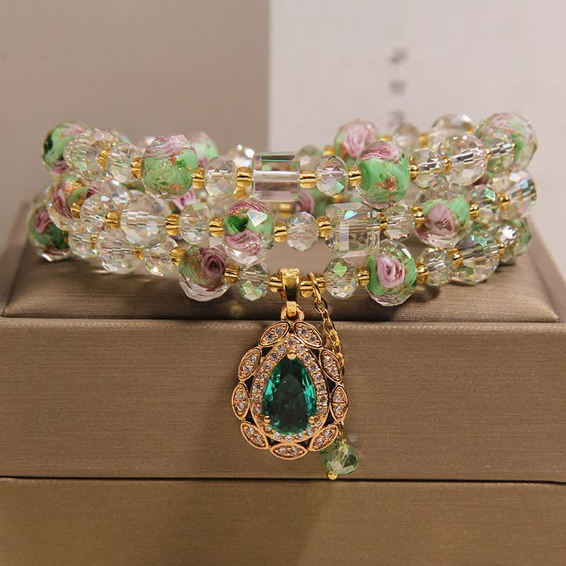 Buddha Stones Bracciale a triplo giro Golden Liuli Glass Rose Garden Teadrop Energy - Verde (Circonferenza del polso: 5,9-6,3 pollici / 15-16 cm) - image 0