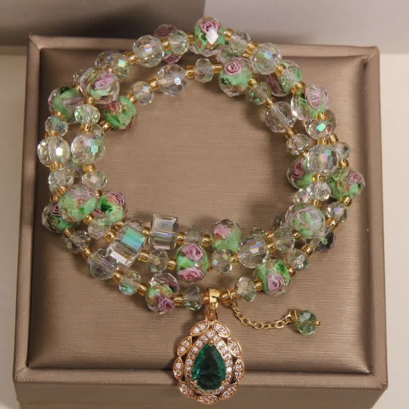 Buddha Stones Bracciale a triplo giro Golden Liuli Glass Rose Garden Teadrop Energy - image 1