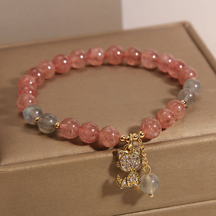 Buddha Stones Braccialetto dell'amore con ciondolo a forma di gatto in quarzo fragola e pietra di luna - image 4