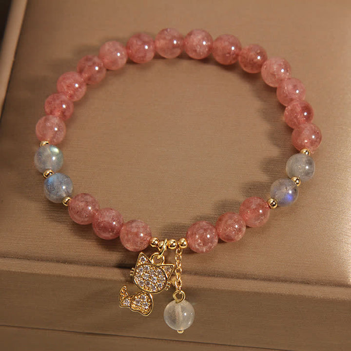 Buddha Stones Braccialetto dell'amore con ciondolo a forma di gatto in quarzo fragola e pietra di luna - image 1