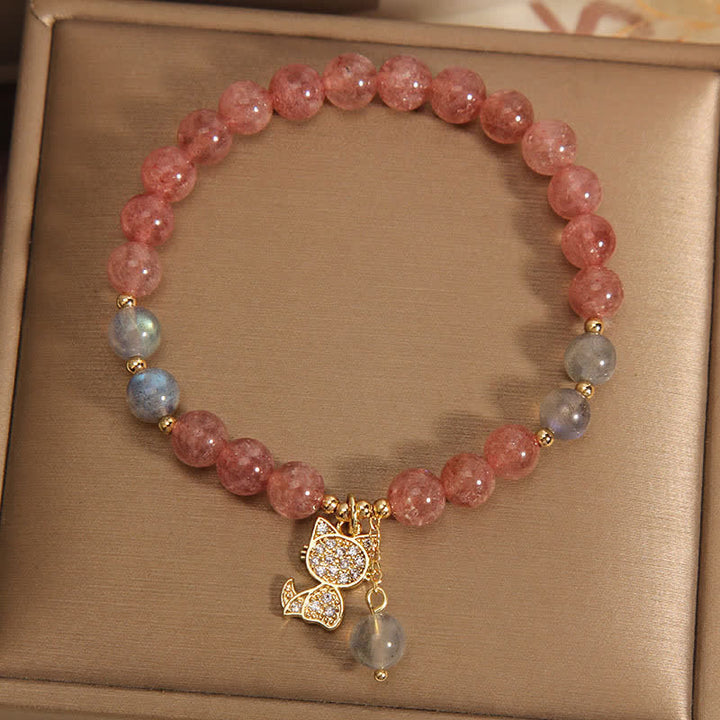 Buddha Stones Braccialetto dell'amore con ciondolo a forma di gatto in quarzo fragola e pietra di luna - image 2