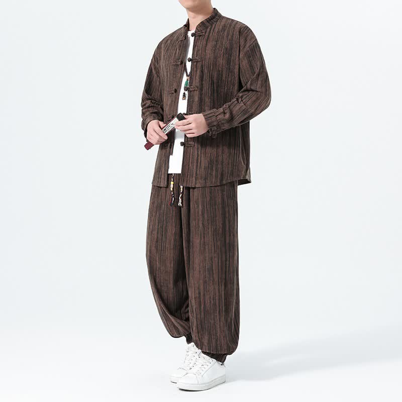 Buddha Stones Completo autunno/inverno 2 pezzi: camicia e pantaloni in velluto a coste a righe stile Tang con colletto alla coreana, abbigliamento da meditazione da uomo. - Marrone sella - US/UK/AU46, EU56 (5XL) - image 17