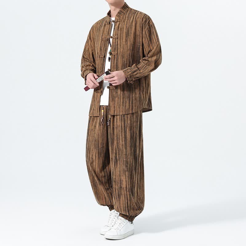 Buddha Stones Completo autunno/inverno 2 pezzi: camicia e pantaloni in velluto a coste a righe stile Tang con colletto alla coreana, abbigliamento da meditazione da uomo. - Tan - US/UK/AU46, EU56 (5XL) - image 0